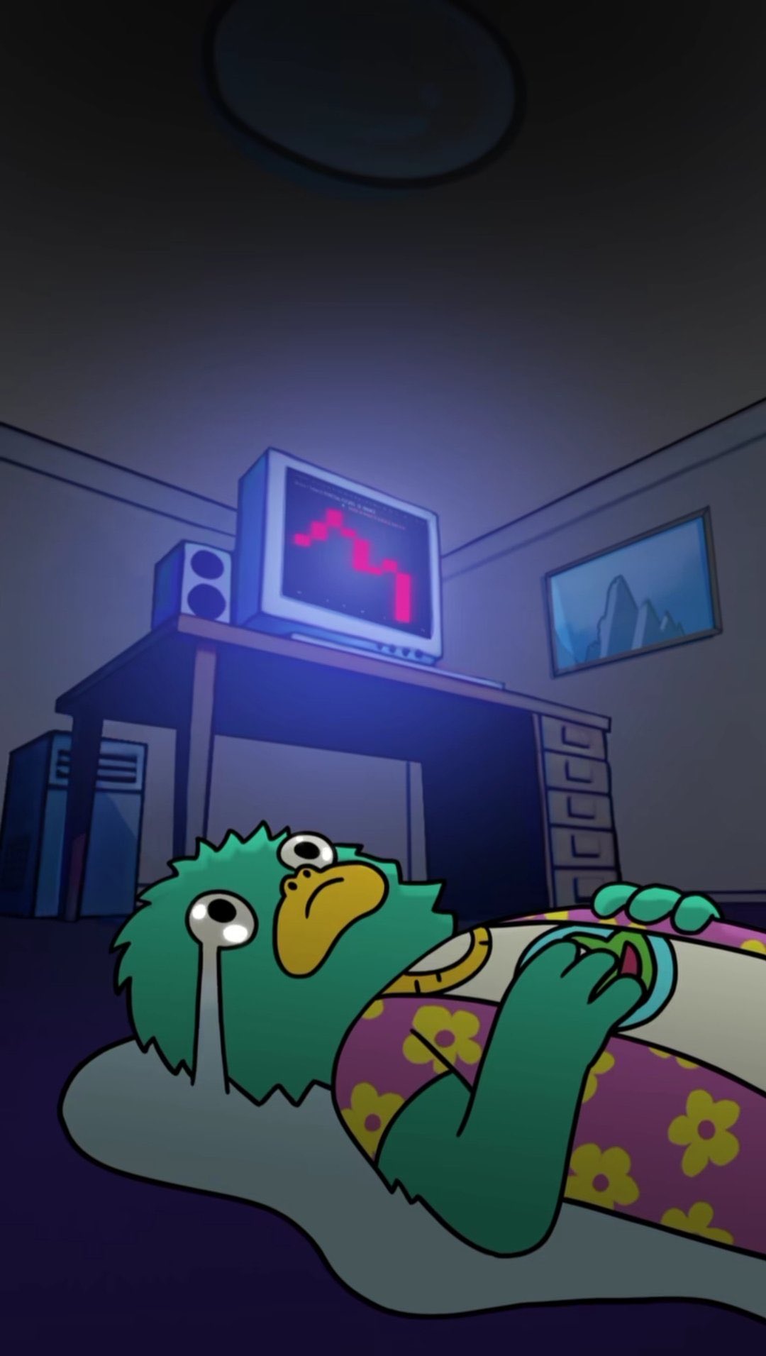 Yeti lying on the floor watching a chart dump