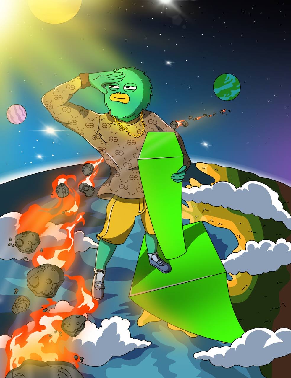 Yeti surfing a giant green candle through space