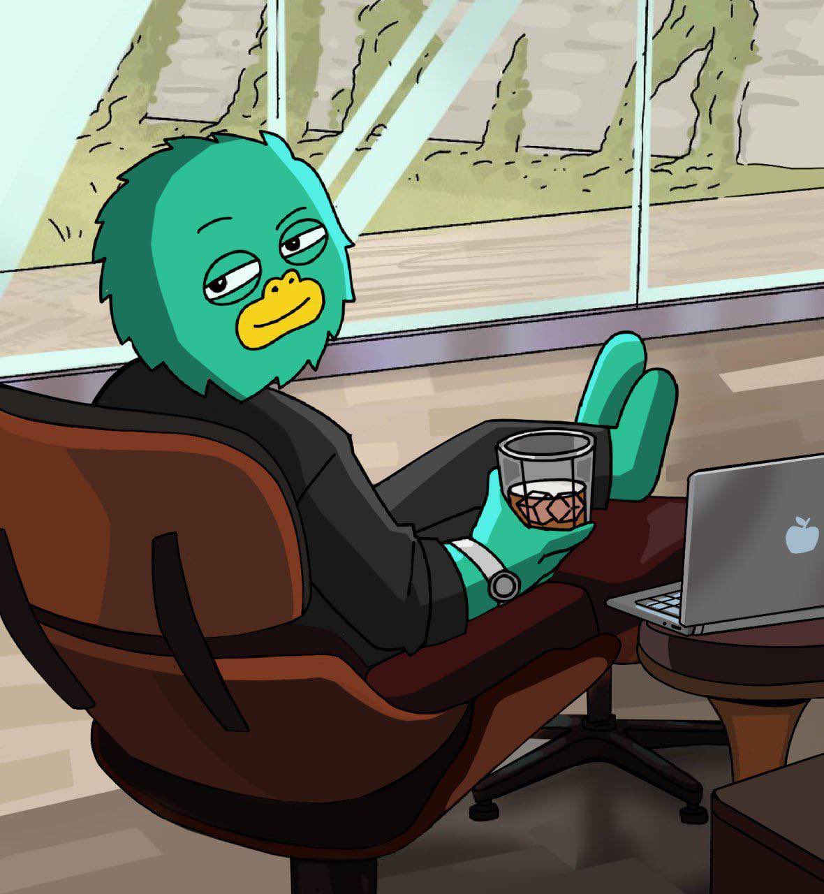 Yeti reclining in a leather chair with a whiskey