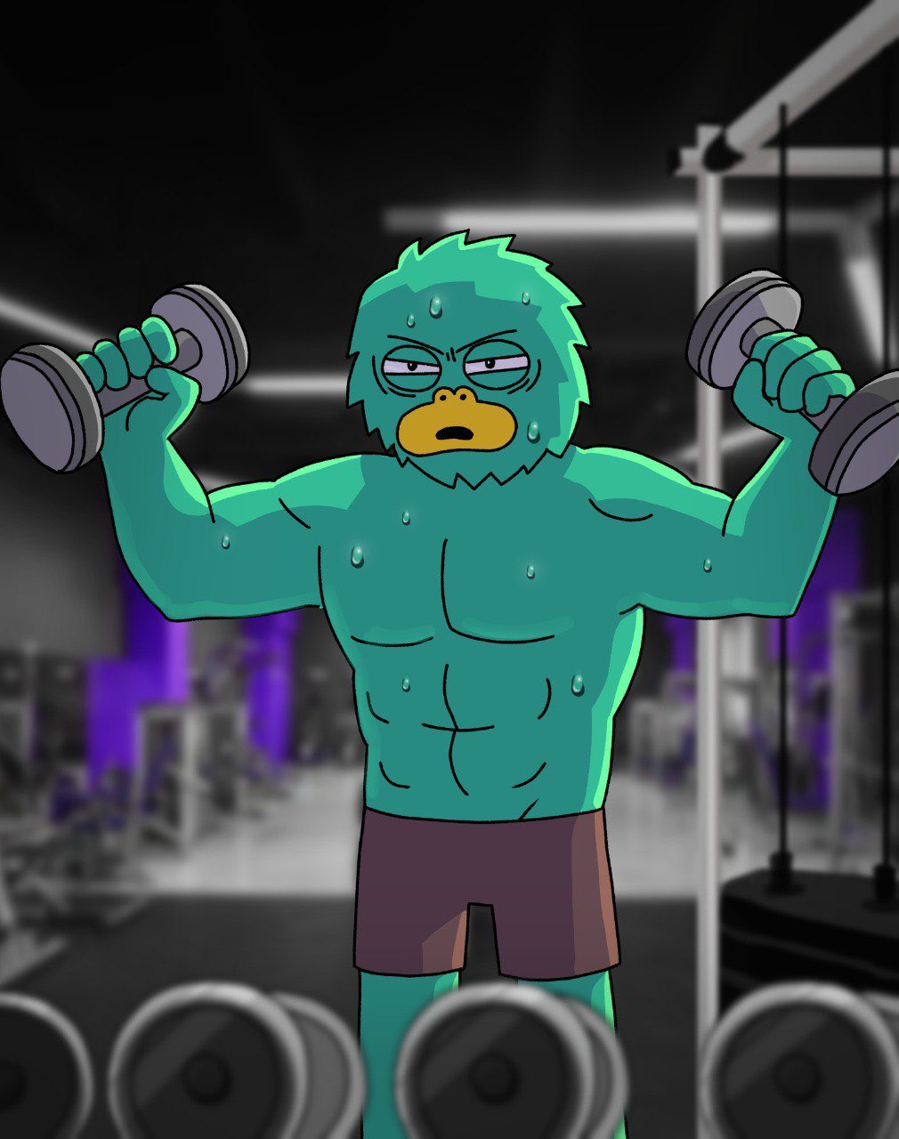 Ripped Yeti lifting dumbbells at the gym