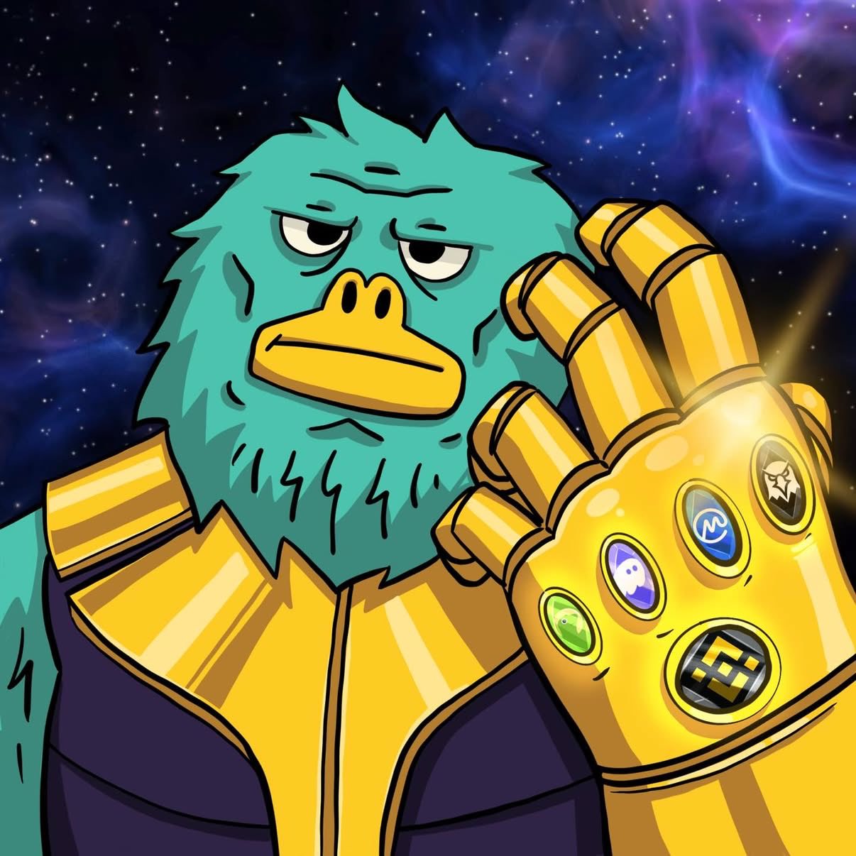 Yeti wearing a golden gauntlet of crypto stones