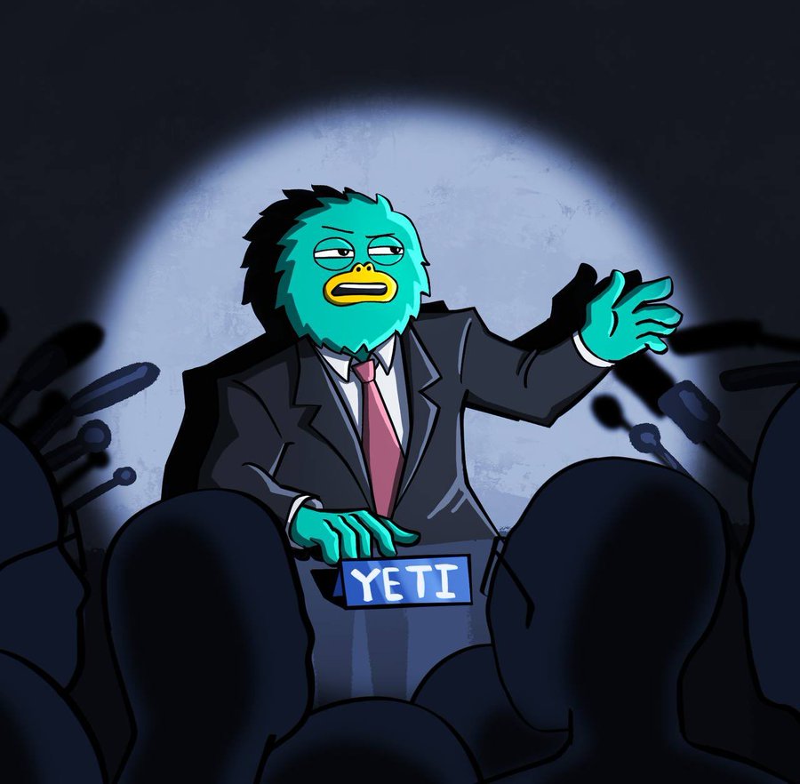 Yeti at a press conference podium