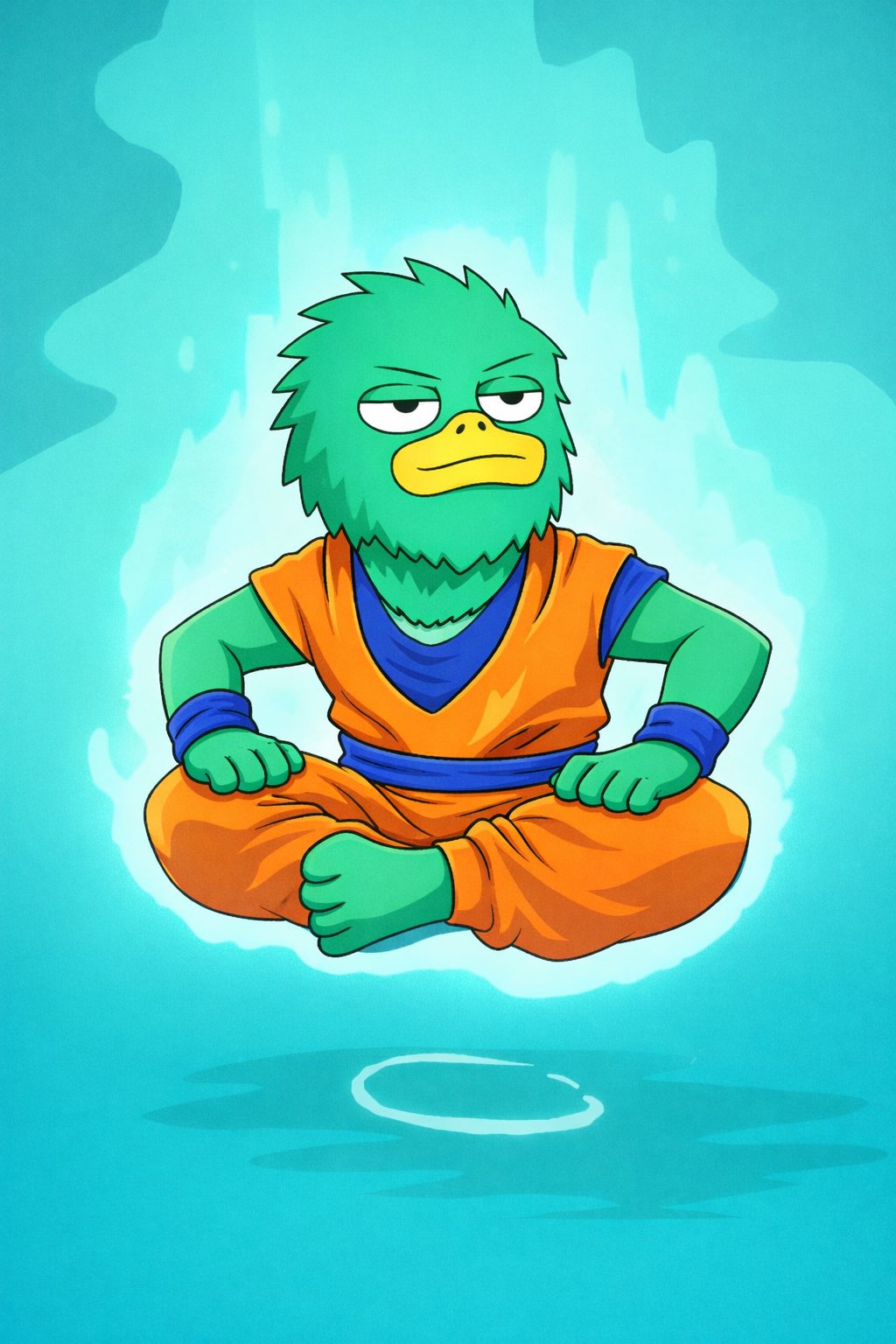 Yeti meditating in an orange gi with an aura