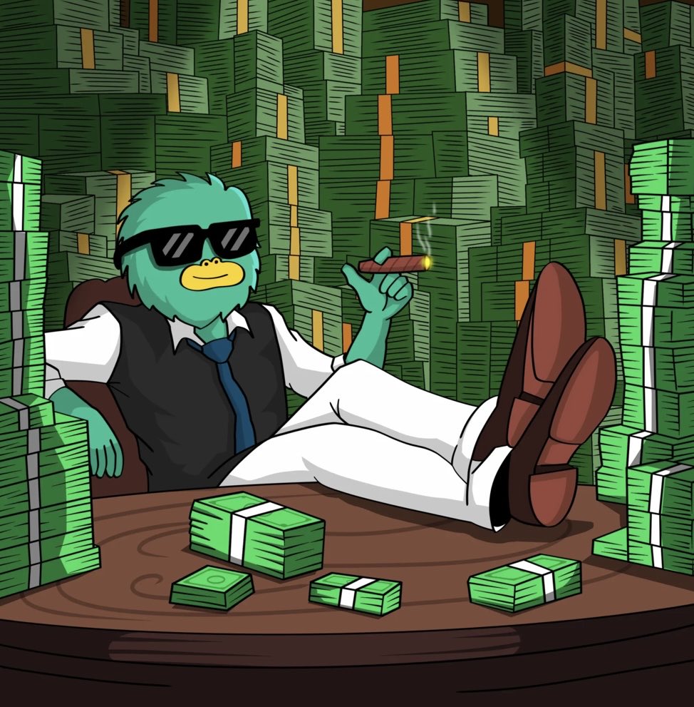 Yeti in shades with a cigar surrounded by stacks of cash
