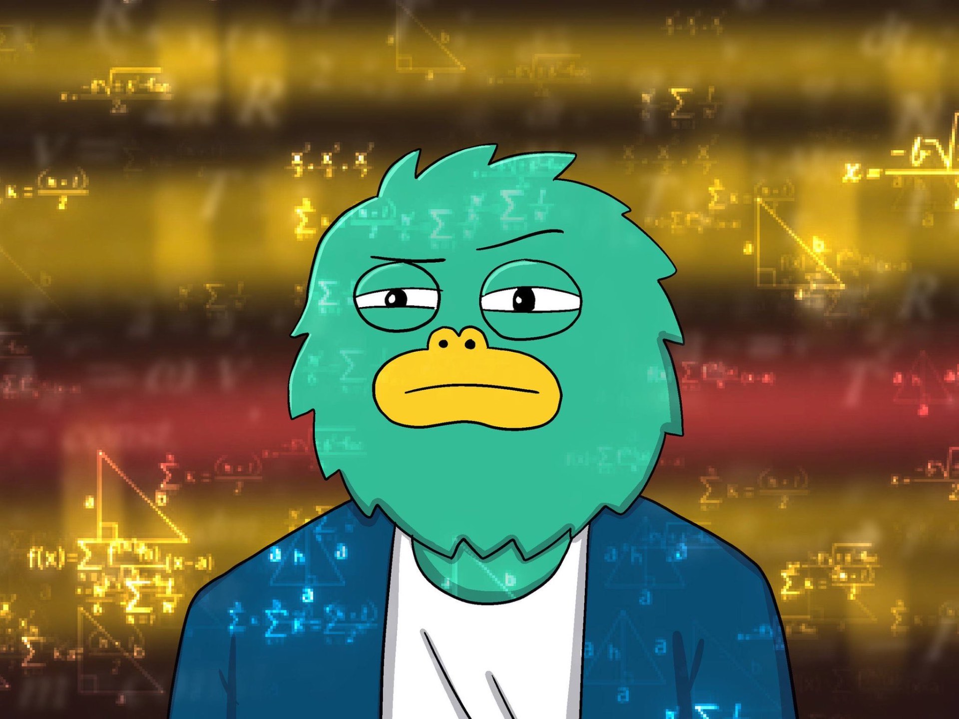 YETI the green beast surrounded by glowing equations